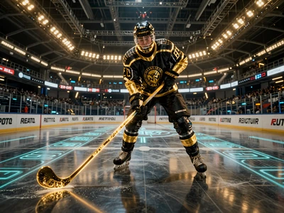 Cyber-Gladiator-Eishockey-Spieler auf holografischem NHL-Rink bei Legiano