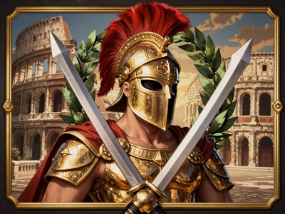 Gladiator Ways Slot von Red Tiger mit goldenem Helm und Schwertern
