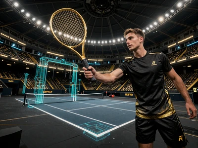 Cyber-Gladiator-Tennisspieler mit Cyber-Schl&auml;ger auf holografischem Platz bei Legiano