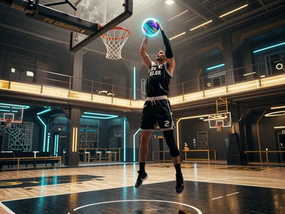 Cyber-Gladiator-NBA-Spieler dunkt holografischen Ball bei Legiano Basketball-Wetten