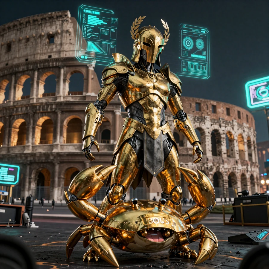 Cyber-Gladiator in goldener R&uuml;stung mit Bonus Crab Maskottchen in der Legiano Casino Arena