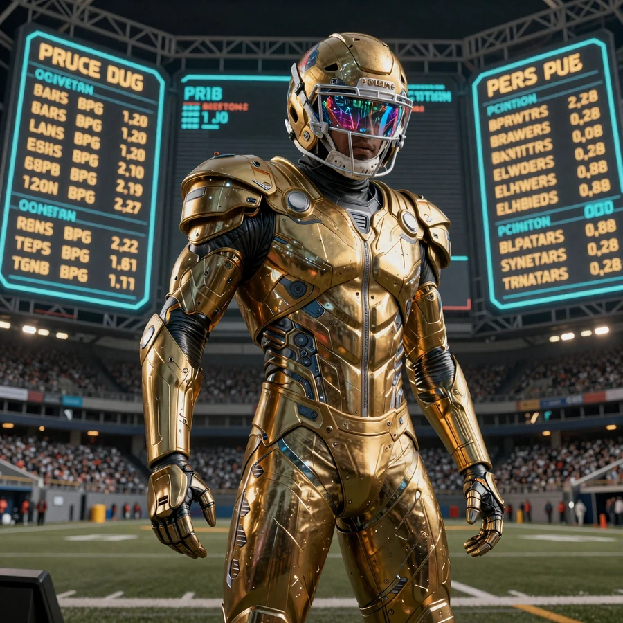 Cyber-Gladiator-Athlet mit holografischem Football-Helm in der Legiano Sportwetten-Arena